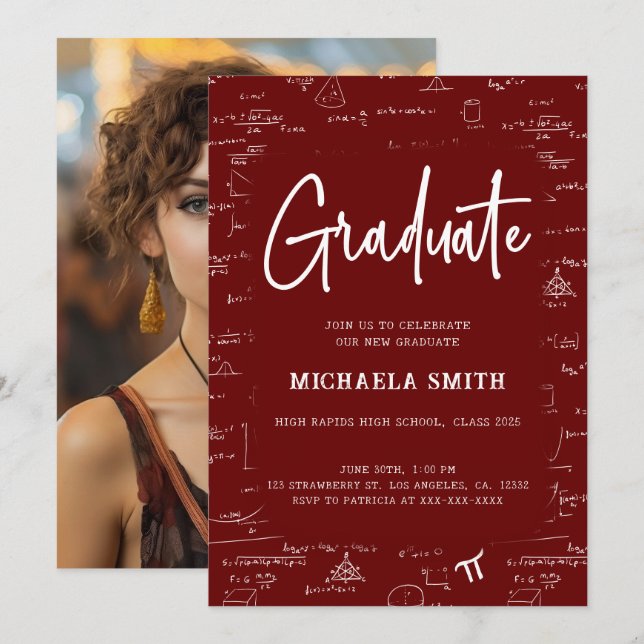 Elegant Maroon Graduate Math Photo Graduation Invitation (Front/Back)
