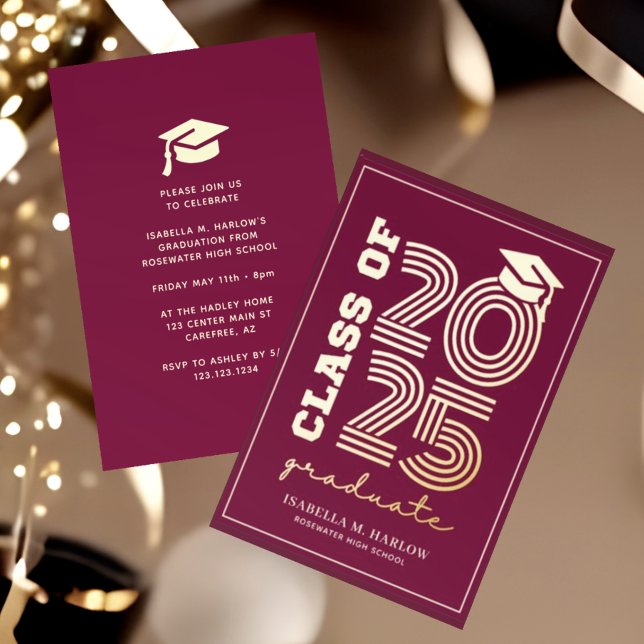 Elegant Maroon High School Graduation Gold Foil Invitation (Creator Uploaded)