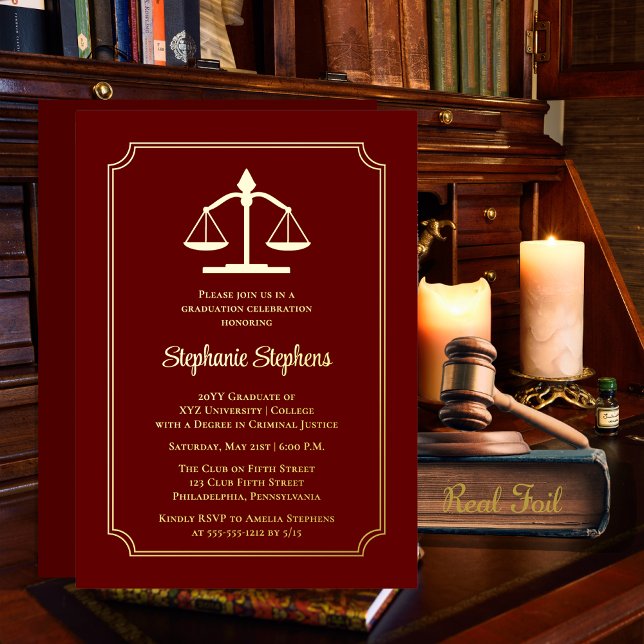 Elegant Maroon Law Attorney Graduation Party Foil Invitation (Elegant Maroon | Dark Red Law Attorney Graduation Party Gold Foil Invitation)