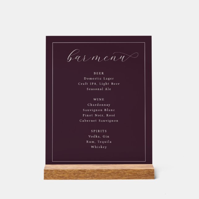 Elegant Maroon Minimalist Bar Menu Acrylic Sign (Front)