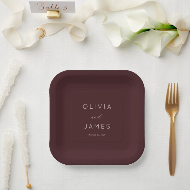 Elegant Maroon Minimalist Calligraphy Paper Plates (Wedding)