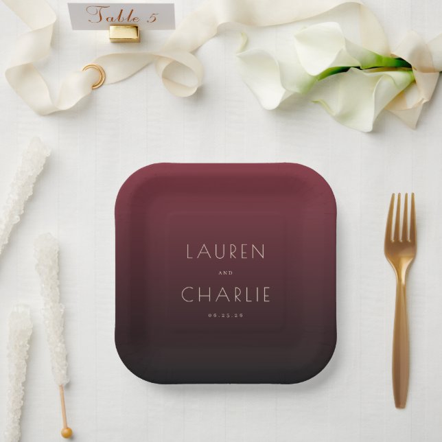 Elegant Maroon Minimalist Names Paper Plates (Wedding)