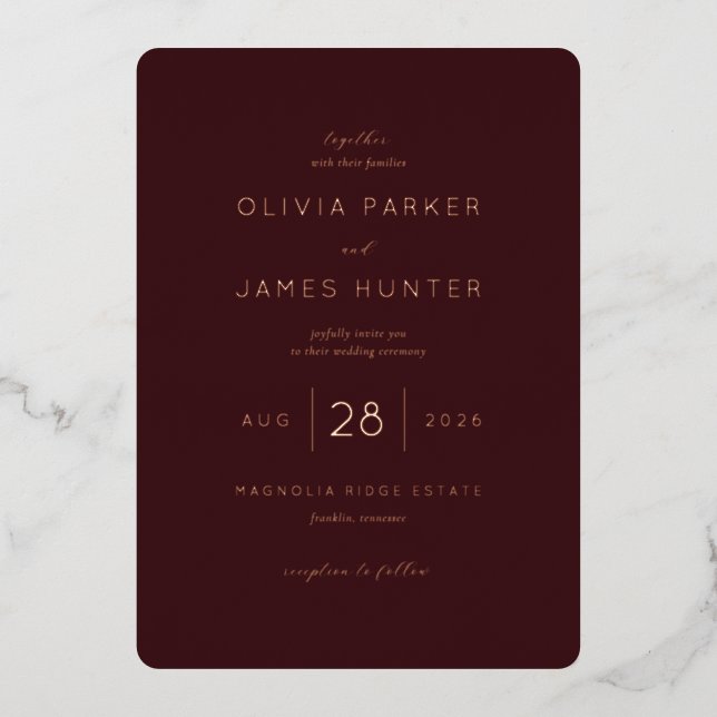Elegant Maroon Minimalist Wedding Invitation Foil Invitation (Front)