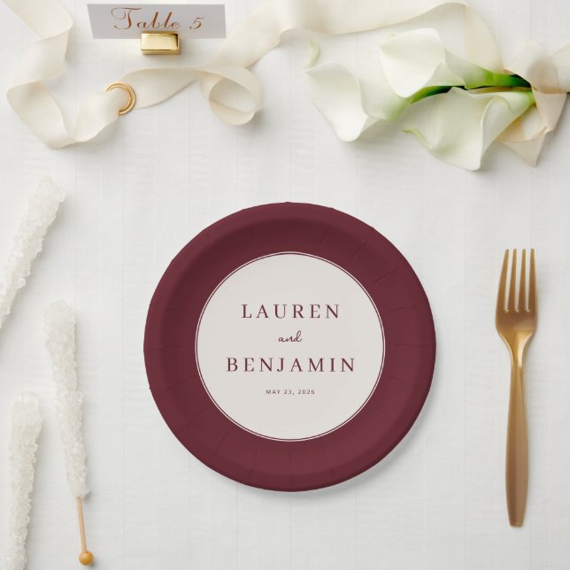 Elegant Maroon Minimalist Wedding Paper Plates (Wedding)