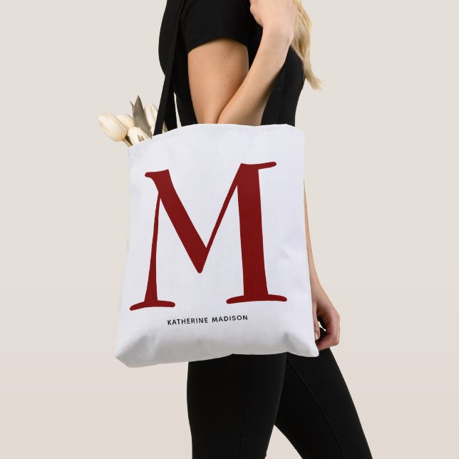 Elegant Maroon Monogram Name Tote Bag (Close Up)