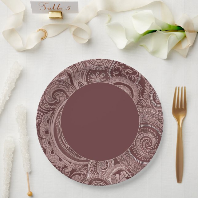Elegant Maroon Paisley Border Paper Plates (Wedding)