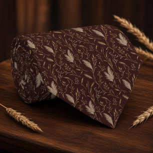 Elegant Maroon Pampas Grass Wheat Groomsmen Neck Tie