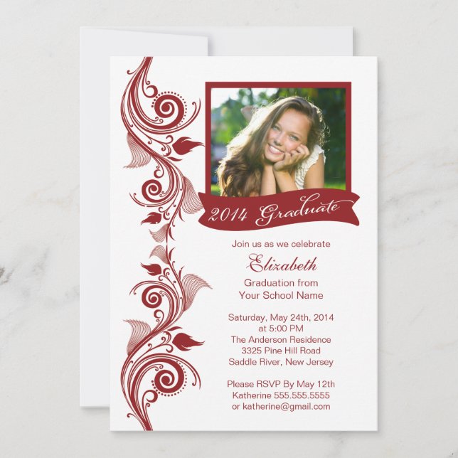 Elegant Maroon Photo Graduation Party Invitation (Front)