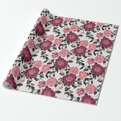 Elegant Maroon Pink Burgundy Rose Flower Pattern Wrapping Paper