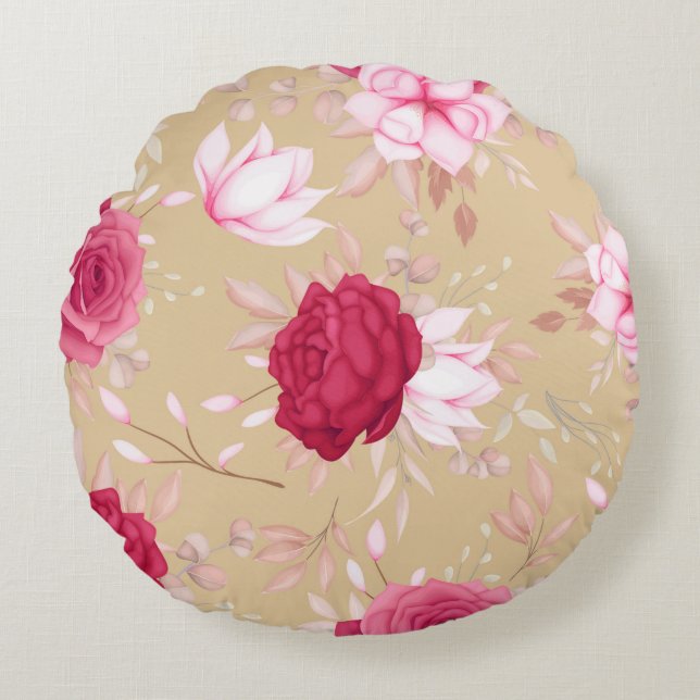  Elegant maroon , pink floral Round Pillow (Front)