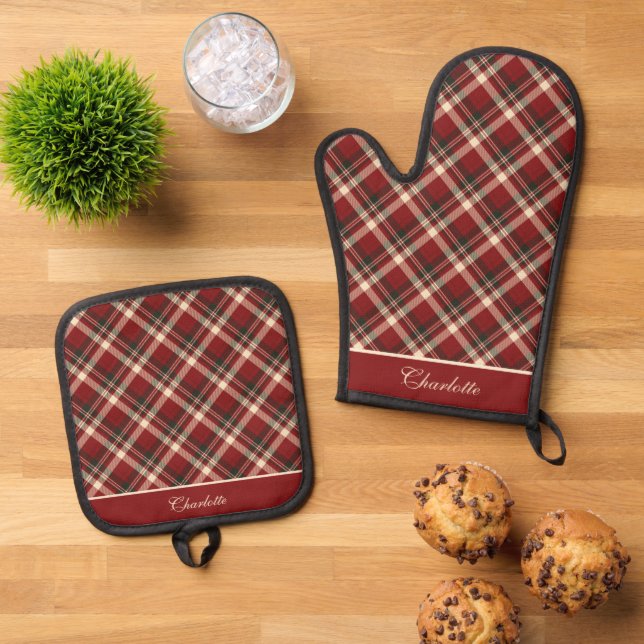 Elegant Maroon Red Cream Royal Stewart Tartan Oven Mitt & Pot Holder Set (Top Down)