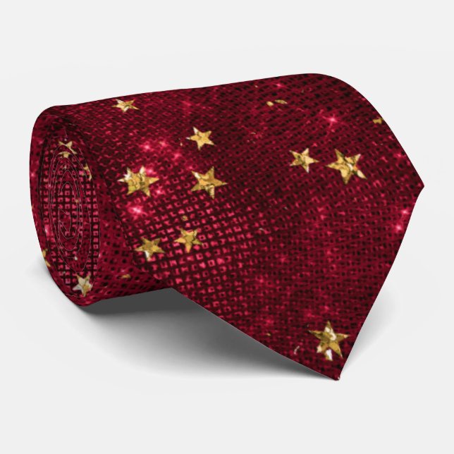 Elegant Maroon Red Gold Star Gift Neck Tie (Rolled)