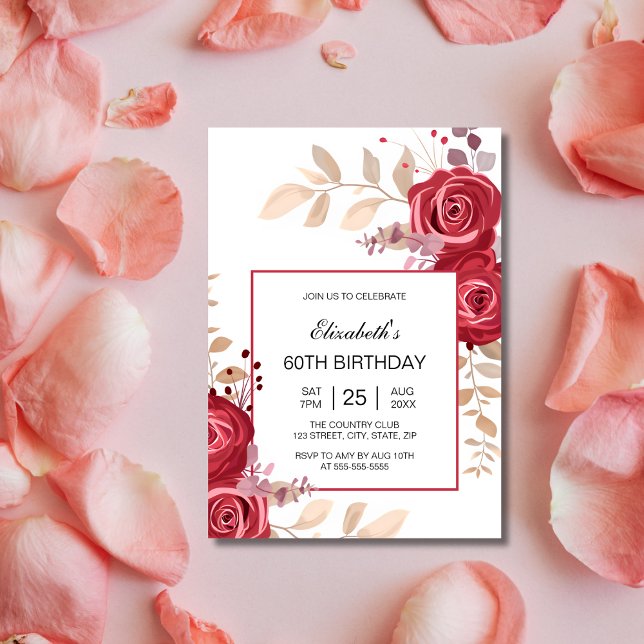 Elegant Maroon Rose Floral Greenery Birthday Invitation (Creator Uploaded)