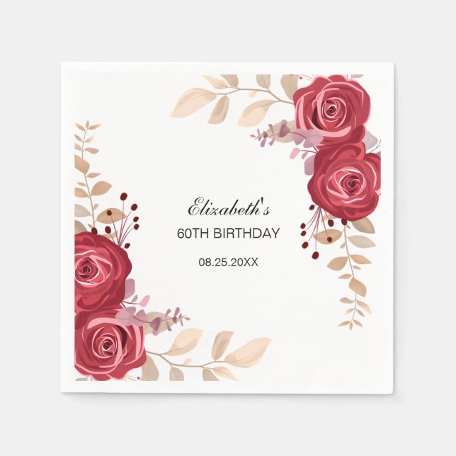 Elegant Maroon Rose Floral Greenery Birthday Napkins (Front)