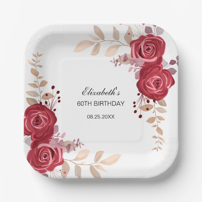 Elegant Maroon Rose Floral Greenery Birthday Paper Plates (Front)