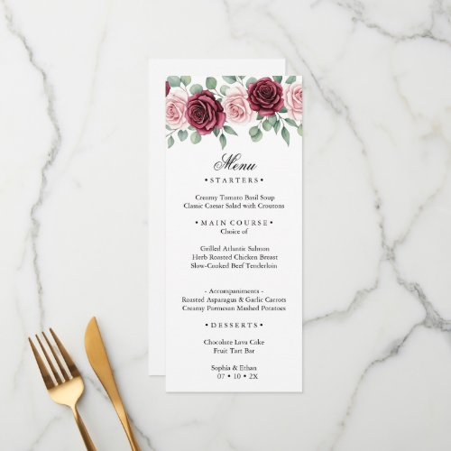 Elegant Maroon Rose Watercolor Botanical Wedding  Menu