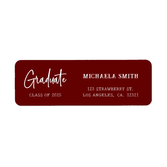 Elegant Maroon Script Graduation Return Address Label (Front)