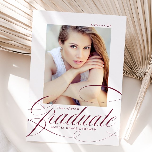Elegant Maroon Script Photo Graduation Announcement (Creator Uploaded)