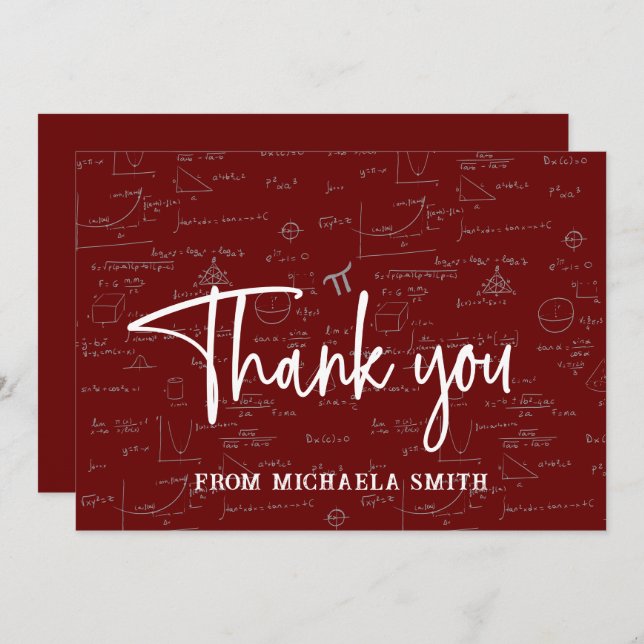 Elegant Maroon Script Typography Math Graduation Thank You Card (Front/Back)