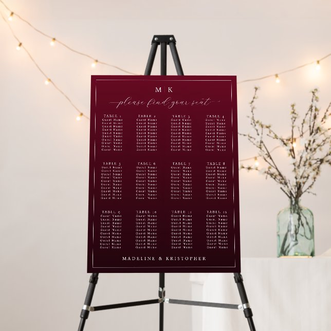 Elegant Maroon Seating Chart Foam Board (In Situ (Stand))