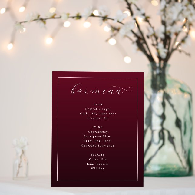 Elegant Maroon Serif Bar Menu Foam Board (In Situ (Wedding))