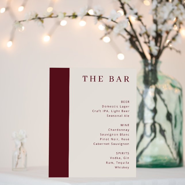 Elegant Maroon Serif Bar Menu Foam Board (In Situ (Wedding))