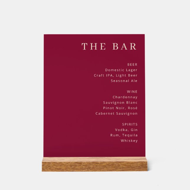 Elegant Maroon Serif Bar Menu Sign (Front)