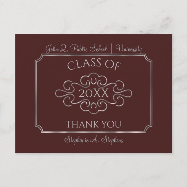 Elegant Maroon Silver College Graduation Thank You Postcard (Front)