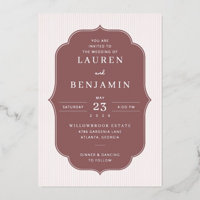 Elegant Maroon Striped Wedding Invitation Foil Invitation (Front)