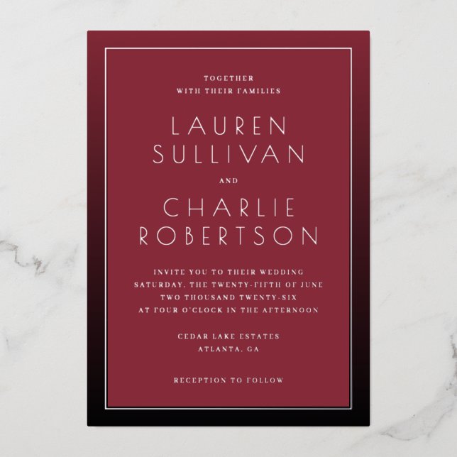 Elegant Maroon Typographic Wedding Invitation Foil Invitation (Front)
