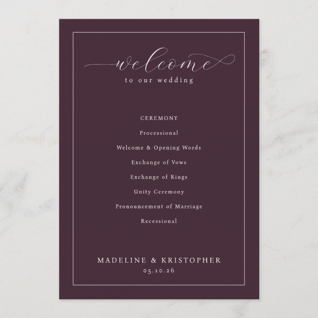 Elegant Maroon Wedding Ceremony Schedule Program (Front)