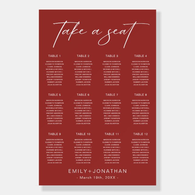 Elegant Maroon Wedding Seating Chart Foam Board (Front)