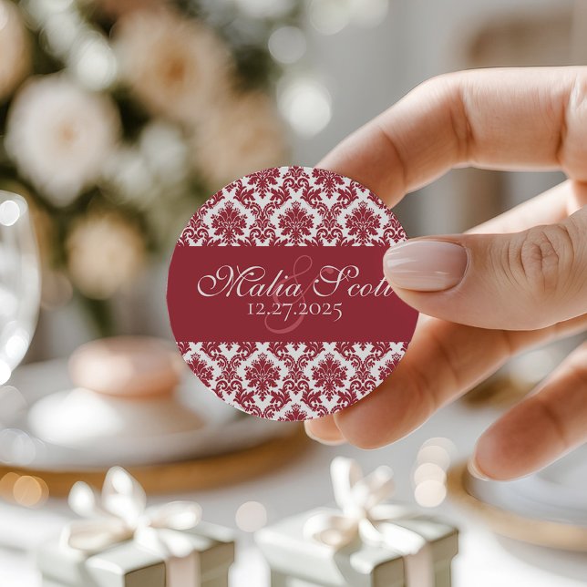 Elegant Maroon White Damask Wedding Favor Classic Round Sticker (Creator Uploaded)