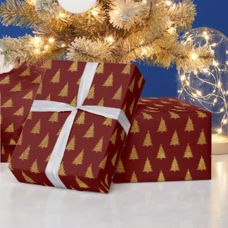 Elegant maroon wine gold glitter Christmas trees Wrapping Paper