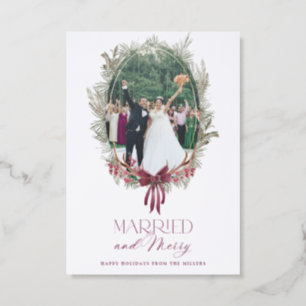 Elegant Married and Merry Evergreen Wreath Letterpress Photo Cards
