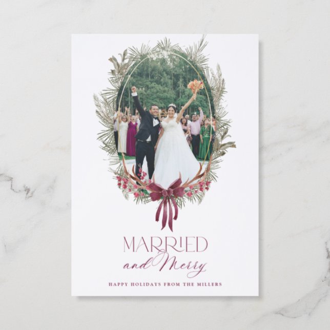 Elegant Married and Merry Evergreen Wreath Letterpress Photo Cards (Front)
