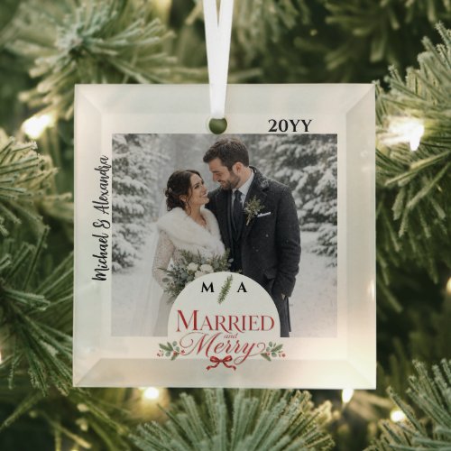 Elegant Married and Merry Newlyweds Glass Ornament