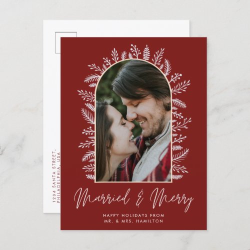 Elegant Married and Merry Photo Christmas Holiday Announcement Postcard