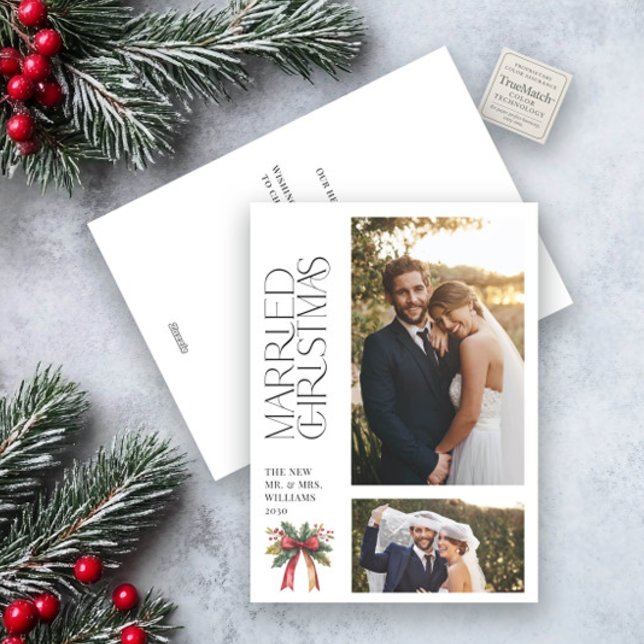 Elegant Married Christmas Red Bow Newlywed 2 Photo Holiday Card (Creator Uploaded)