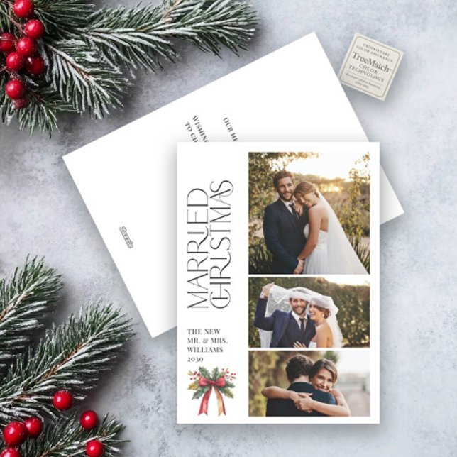 Elegant Married Christmas Red Bow Newlywed 3 Photo Holiday Card (Creator Uploaded)