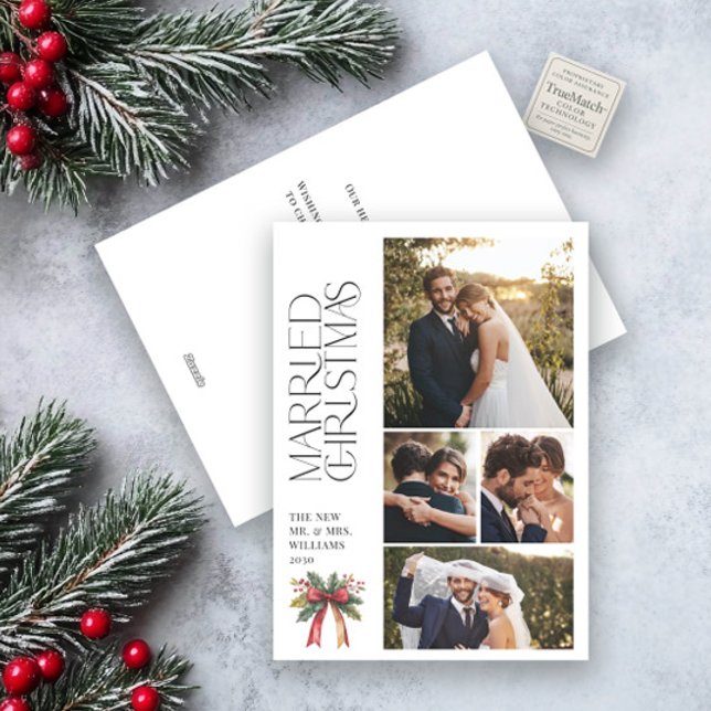 Elegant Married Christmas Red Bow Newlywed 4 Photo Holiday Card (Creator Uploaded)