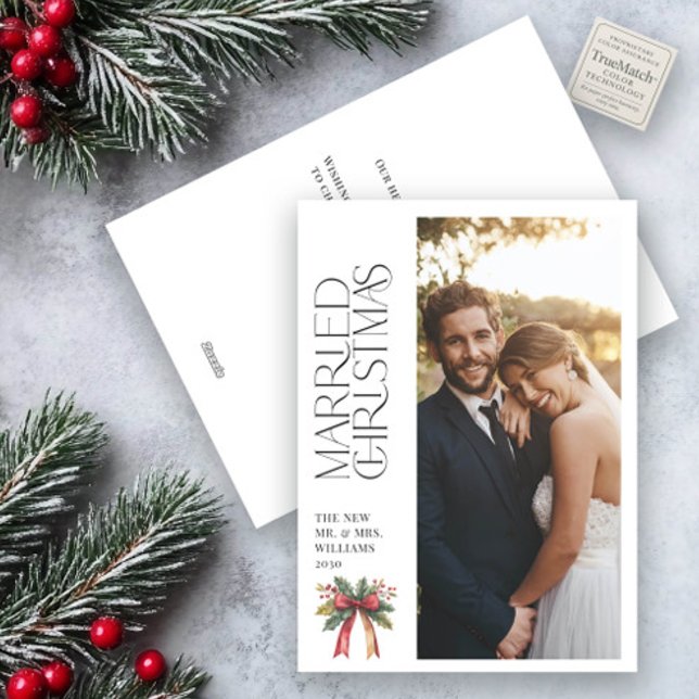 Elegant Married Christmas Red Bow Newlywed Photo Holiday Card (Creator Uploaded)