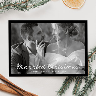 Elegant Married Christmas Script Black Photo Holiday Card