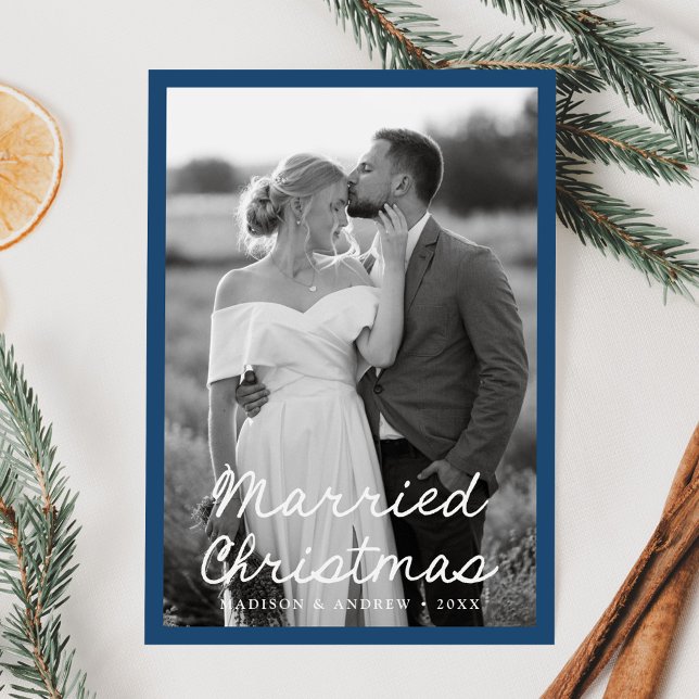 Elegant Married Christmas Script Blue 2 Photo Holiday Card (Creator Uploaded)
