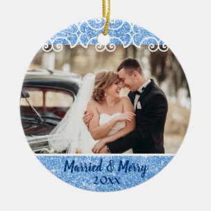 Elegant Married & Merry 2 Photo Blue Glitter First Ceramic Ornament