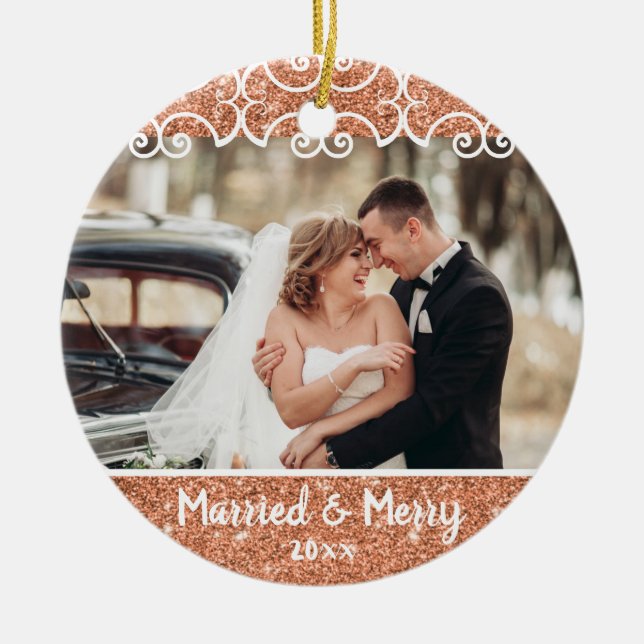 Elegant Married & Merry 2 Photo Rose Gold First Ceramic Ornament (Front)