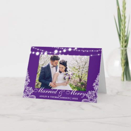 Elegant Married  Merry Holiday Photo Card Purple