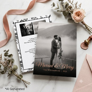 Elegant Married & Merry Minimalist Newlywed Photo Foil Holiday Card