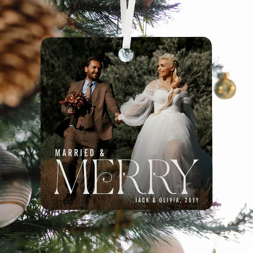 Elegant Married &amp; Merry Newly Weds Photo Keepsake Metal Ornament