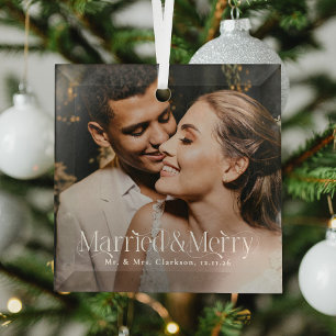 Elegant Married & Merry Newlywed Photo, Christmas Glass Ornament